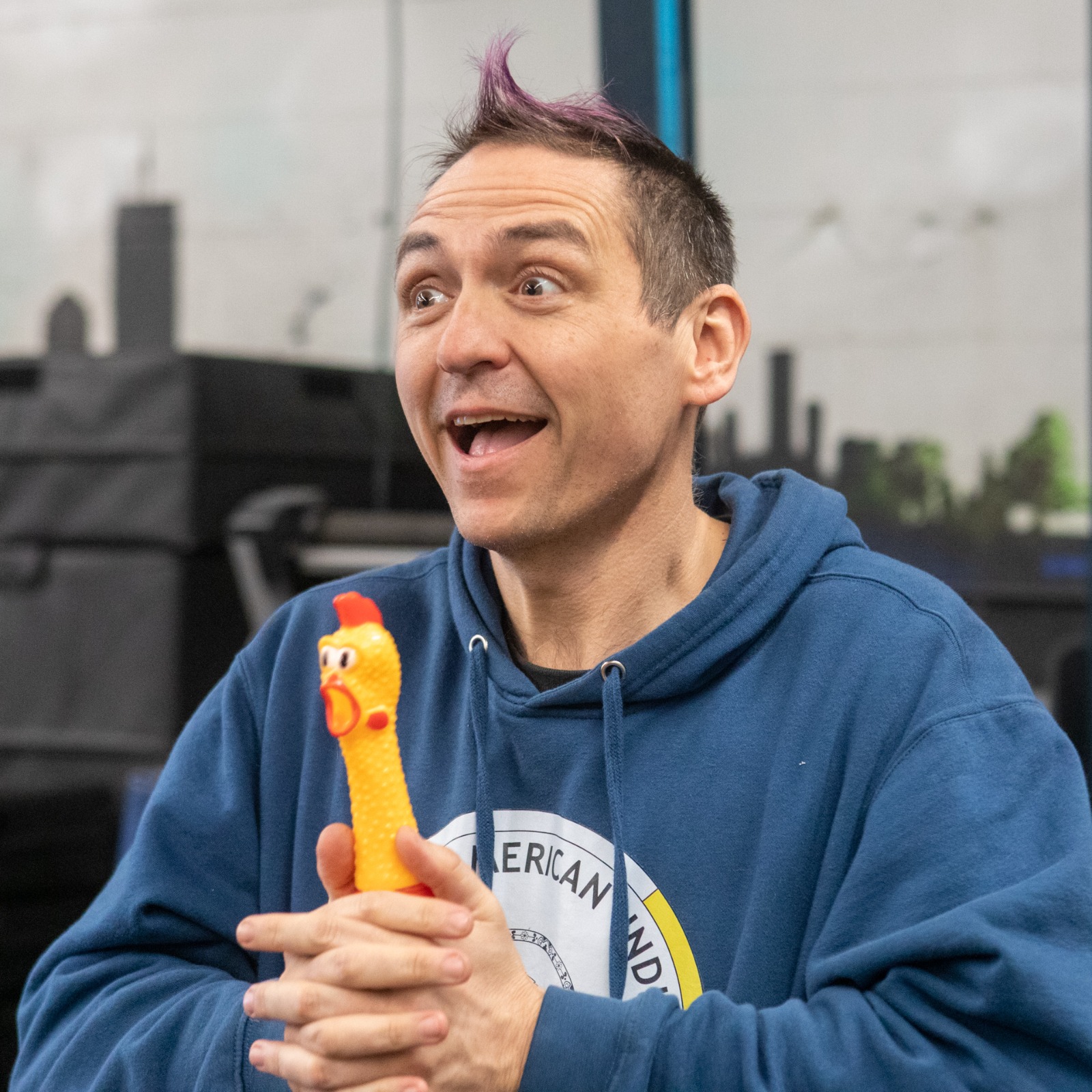 JT, making the same face as a rubber chicken